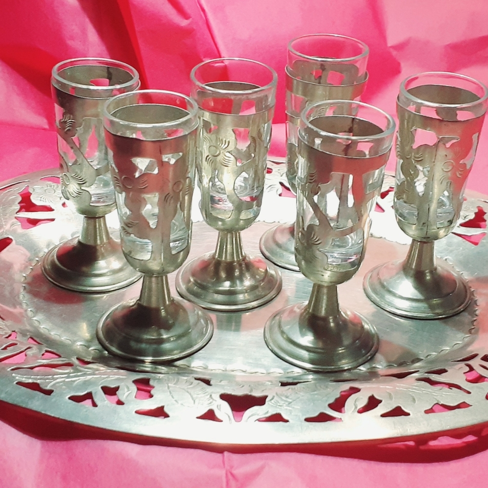 Caged cordial glasses and tray. Vintage
